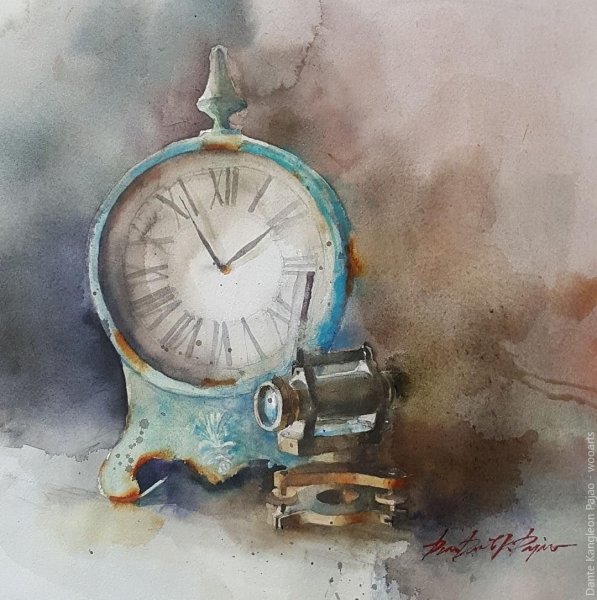 Натюрморт с часами акварелью