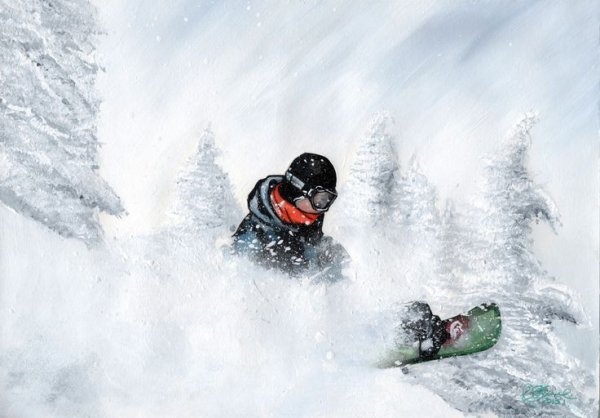 Сноубордист и горы акварелью