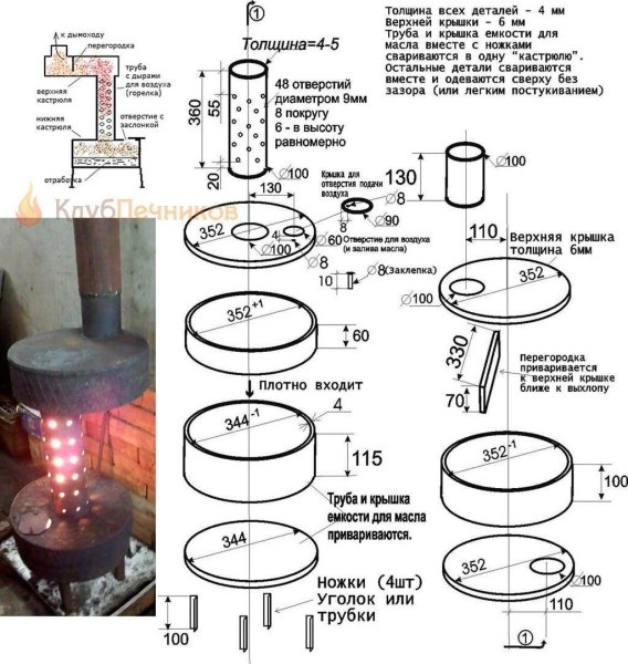 Чертеж печки на отработке из трубы