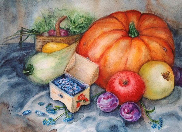 Тыква и яблоки акварель