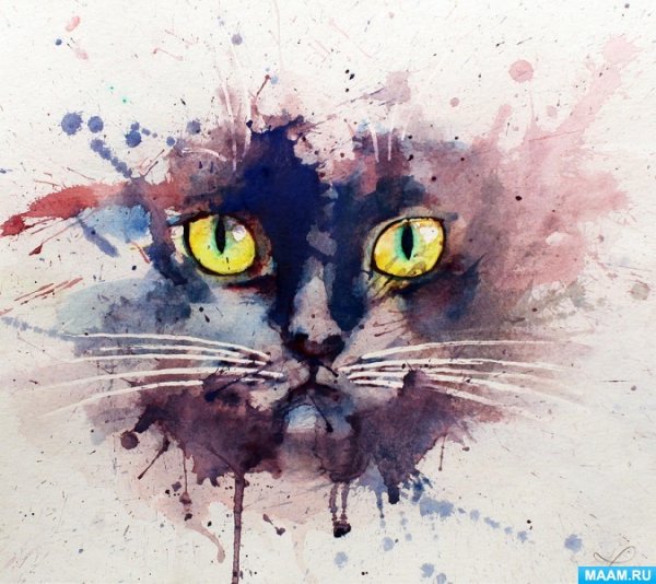 Кот акварелью