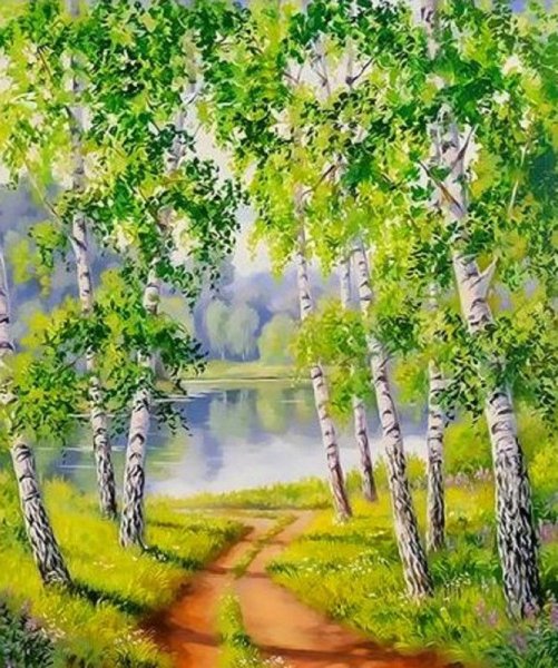 Пейзаж с березами гуашью