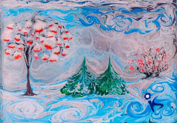 Зимний пейзаж акварелью для детей