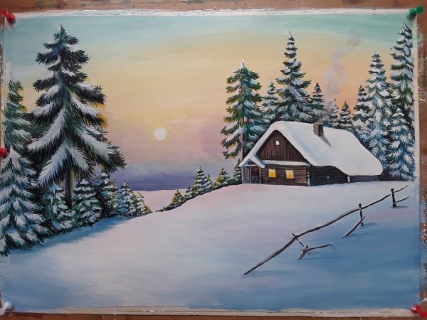 Зимний домик гуашью