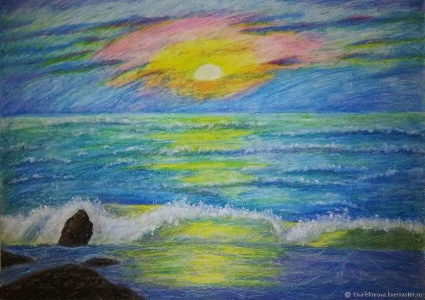 Закат на море пастелью масляной
