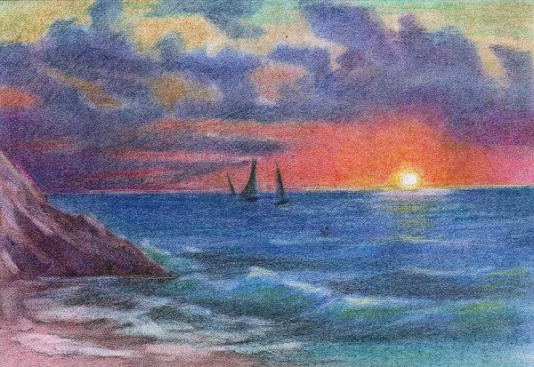 Морской пейзаж цветными карандашами