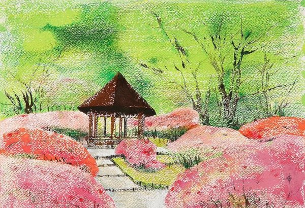 Горы и Сакура восковыми мелками