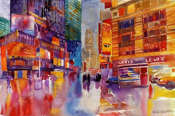 Городской пейзаж Нью-Йорк акварель