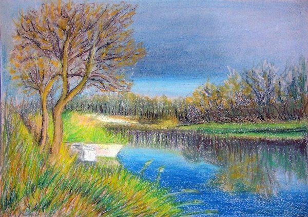 Весенний пейзаж цветными карандашами