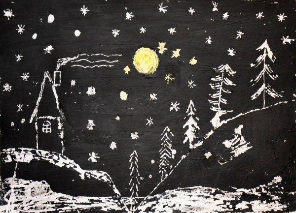 Зимняя ночь чёрно-белый граттаж