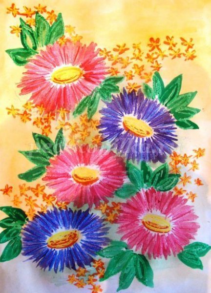 Астры акварель + восковые мелки