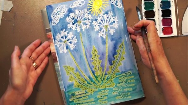 Рисунок астр восковыми карандашами и акварелью