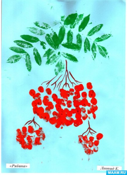 Веточка рябины ватными палочками