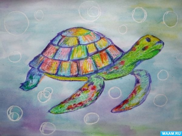 Черепахи. (Восковые мелки + акварель)