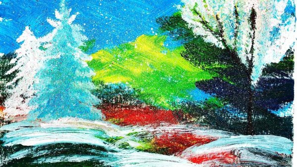 Рисунок зимнего леса красками