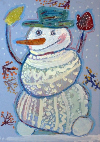 Снеговик рисунок красками