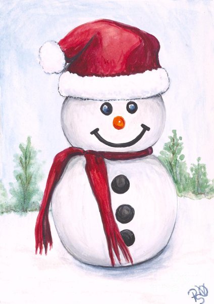 Снеговик акварель