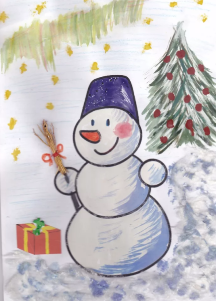 Снеговик цветными карандашами