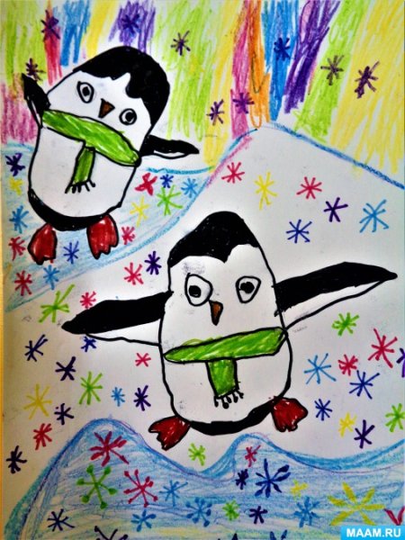 Пингвин восковыми мелками