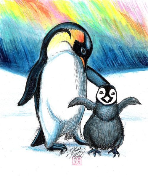 Пингвин цветными карандашами