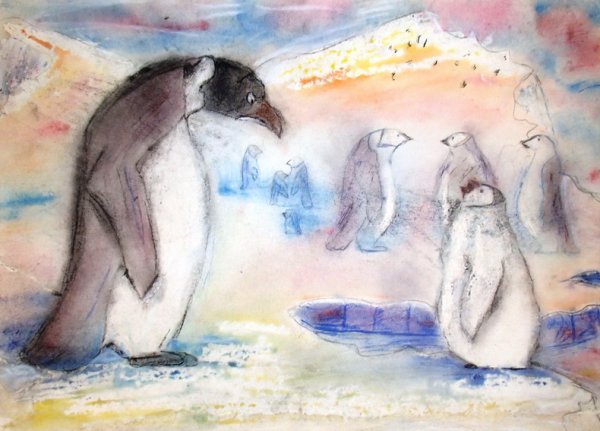 Пингвин восковыми мелками