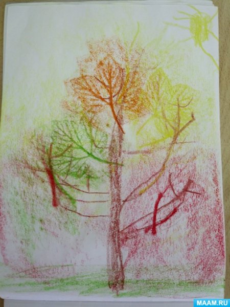 Осеннее дерево восковыми мелками