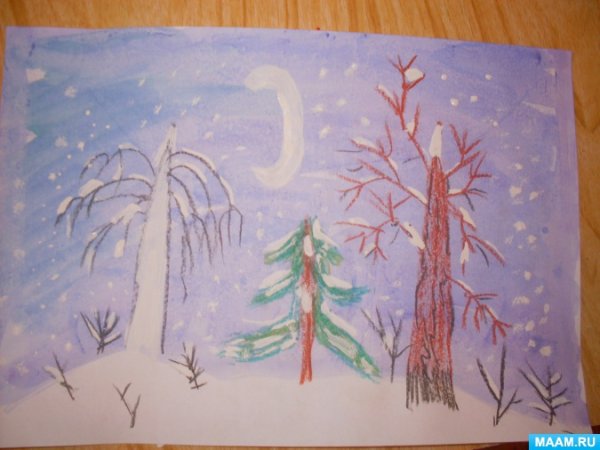 Рисование восковыми мелками зимний лес
