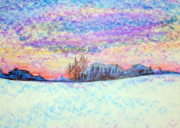 Зимний пейзаж восковыми мелками