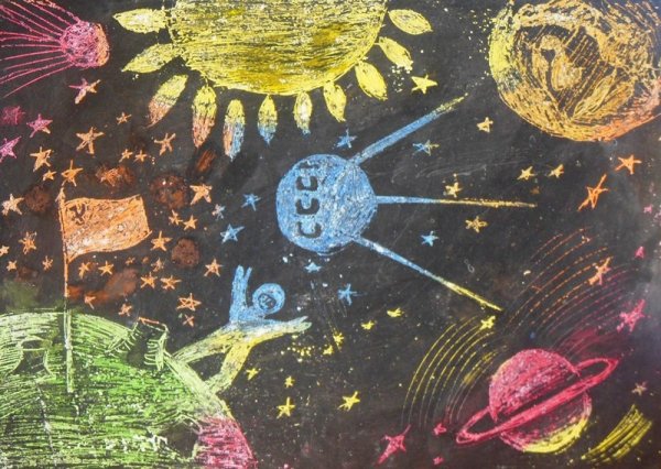 Граттаж техника космос восковыми мелками