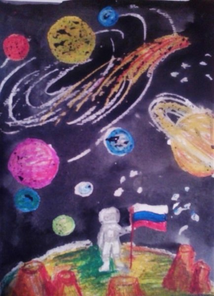 Космос восковыми мелками и акварелью