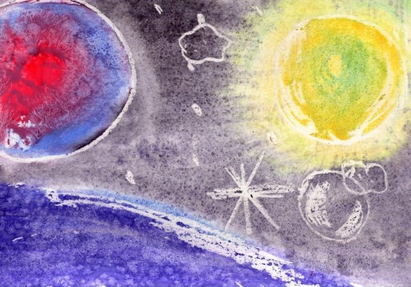 Рисование космоса восковыми мелками и акварелью