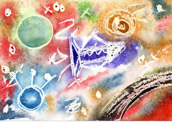 Рисование восковые мелки и акварель "космические дали"