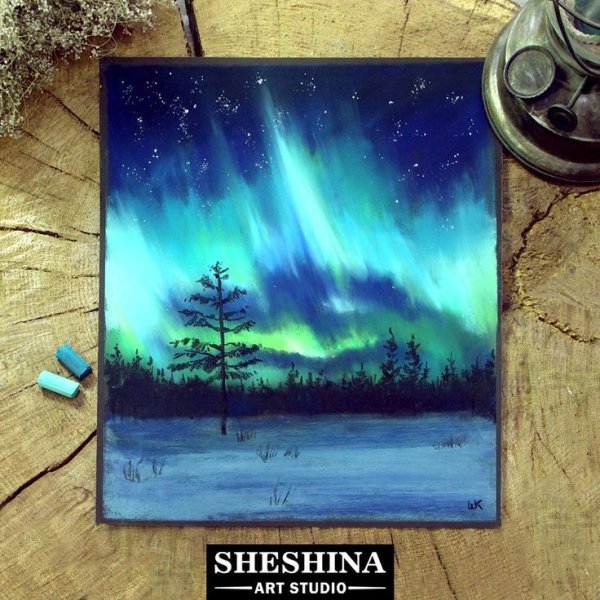 Картина пастелью Северное сияние