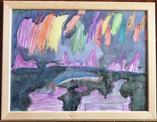 Северное сияние восковыми мелками и акварелью