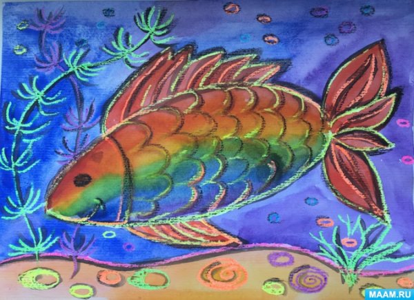 Золотая рыбка рисование восковые мелки акварель