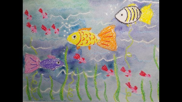 Мои любимые рыбки восковые мелки и акварель