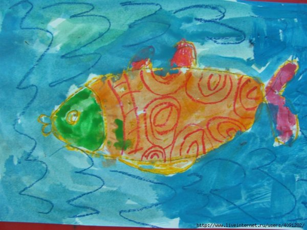 Золотая рыбка рисование восковые мелки акварель