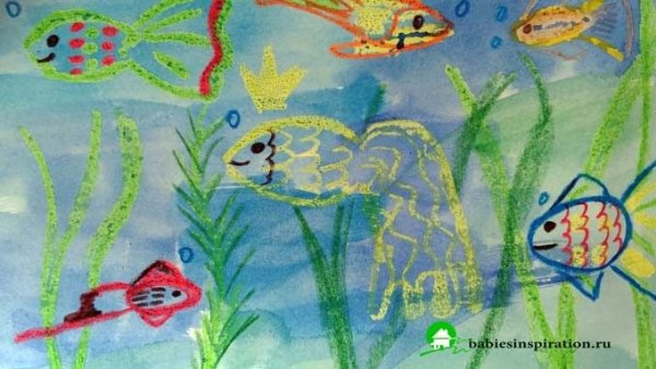 Восковые мелки и акварель техника рыба