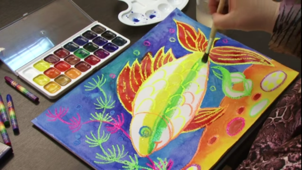 Рыбки восковые мелки акварель