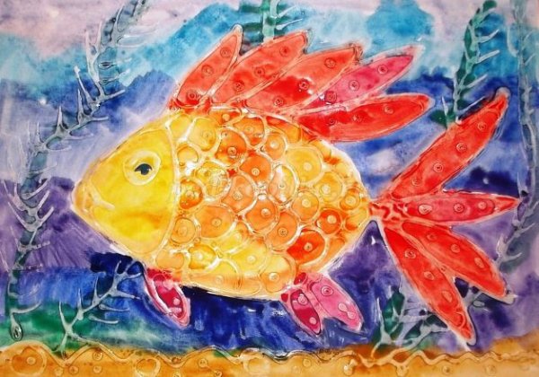Рисование Золотая рыбка (воск.мелки и акварель)