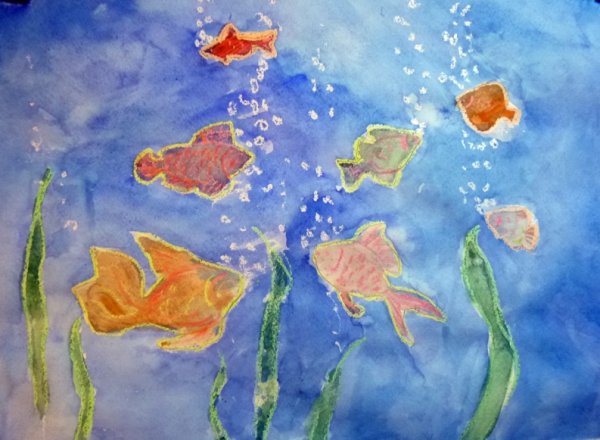 1. «Подводное царство» (восковые мелки, акварель)