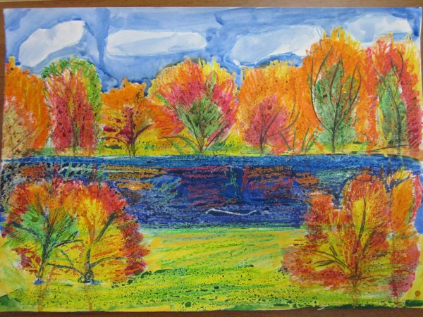 Осенний лес восковыми мелками
