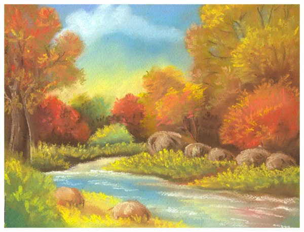 Осенний пейзаж цветными карандашами