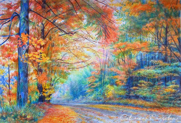 Пейзаж цветными карандашами