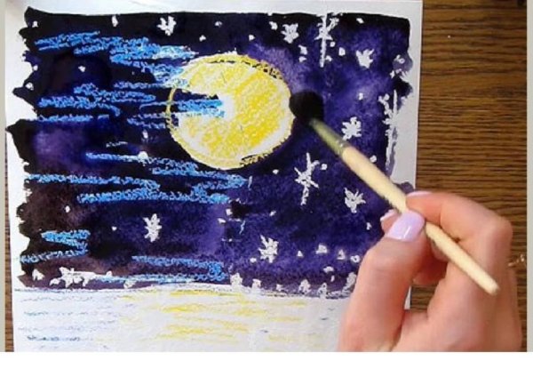 Рисование восковые мелки и акварель