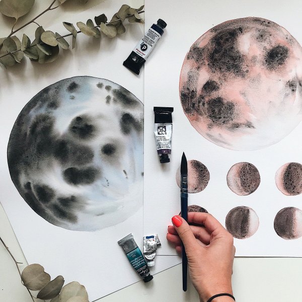 Луна рисунок акварелью