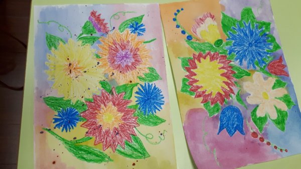 Рисование восковыми мелками и акварелью цветы
