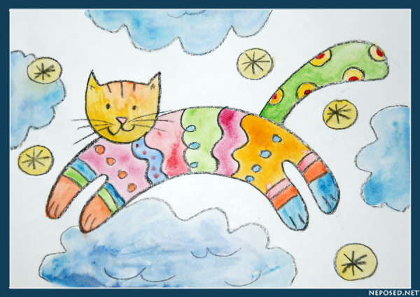 Кот рисование восковыми мелками