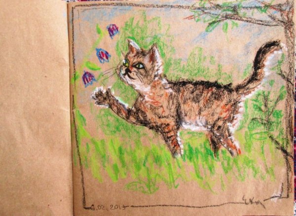 Кошка восковыми мелками