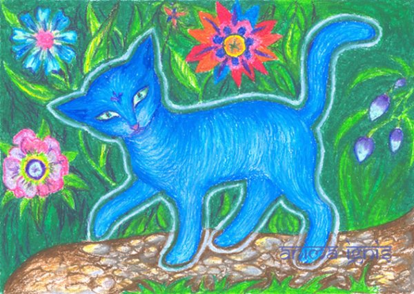 Рисование кот восковыми карандашами